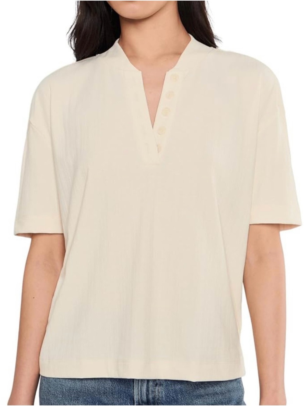 Varley Cream Short-Sleeve Split-Neck Button Placket Top